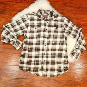 Orvis Womens Green Plaid Button Front Collared Cotton Shacket